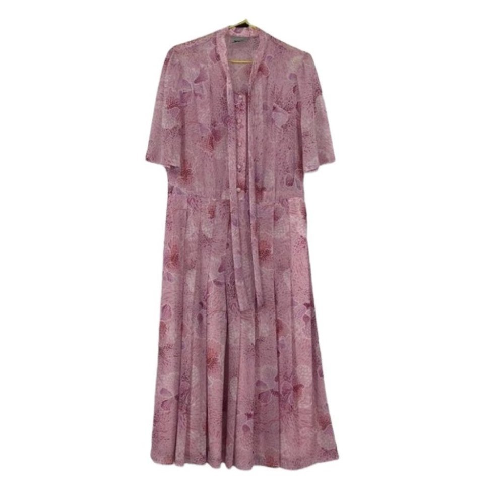 Vintage  Bleyle Germany Pink floral maxi dress buttoned bodice pleated skirt L